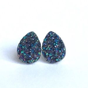 Druzy Small Iridescent Purple Teardrop Stud Earrings